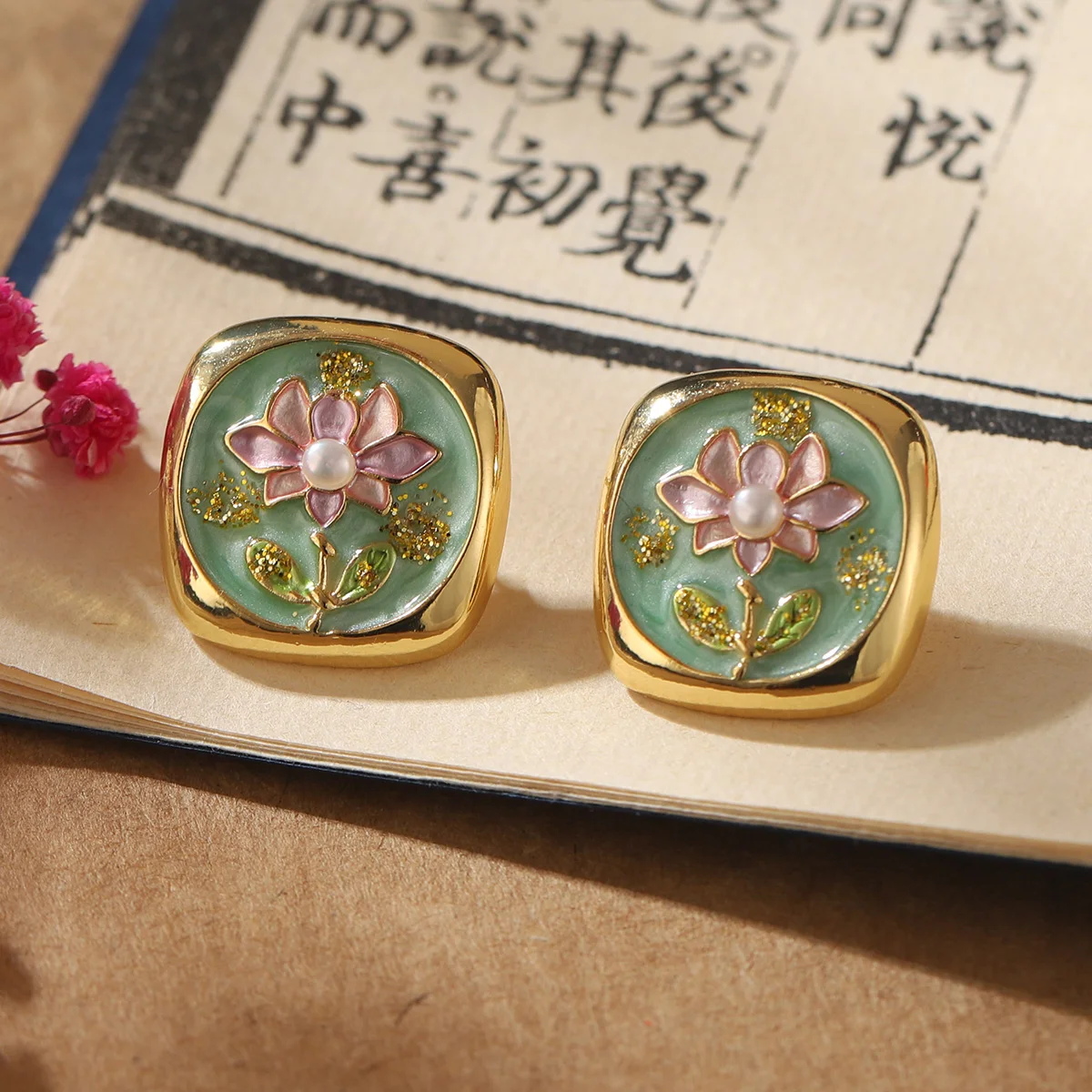 جديد أنيق النمط الصيني مطلية بالذهب زهرة اللوتس اللؤلؤ وأقراط للنساء موضة المينا مجوهرات هدية #5