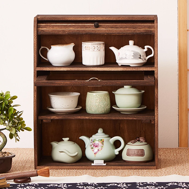 Solid wood kitchen cutlery organizer shelf shelving tea set desktop dust tea set roll-up door organizer