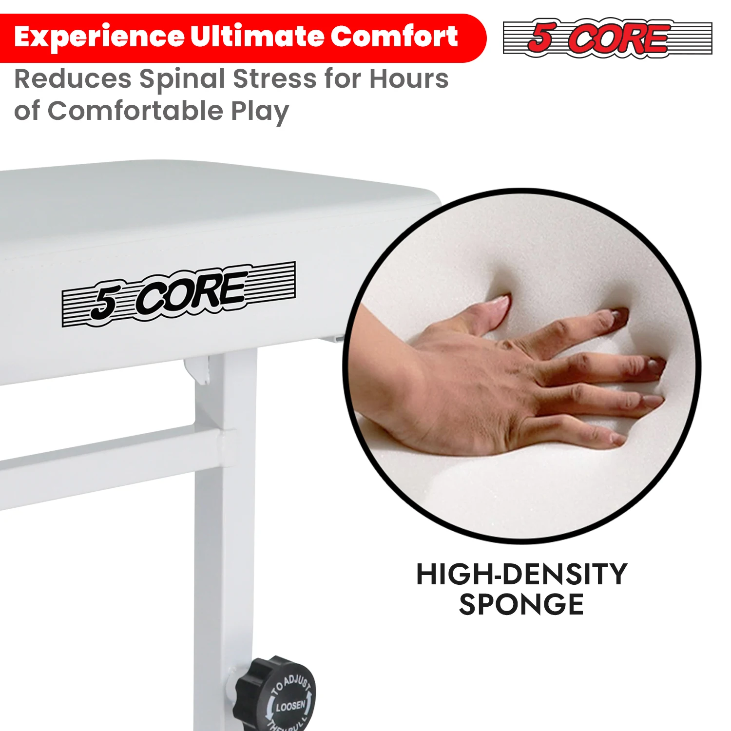 5 Core Keyboard Bench Piano Stool Thick Padded Seat Height Adjustable Keyboard Chair KBB H-ADJ WH view 5