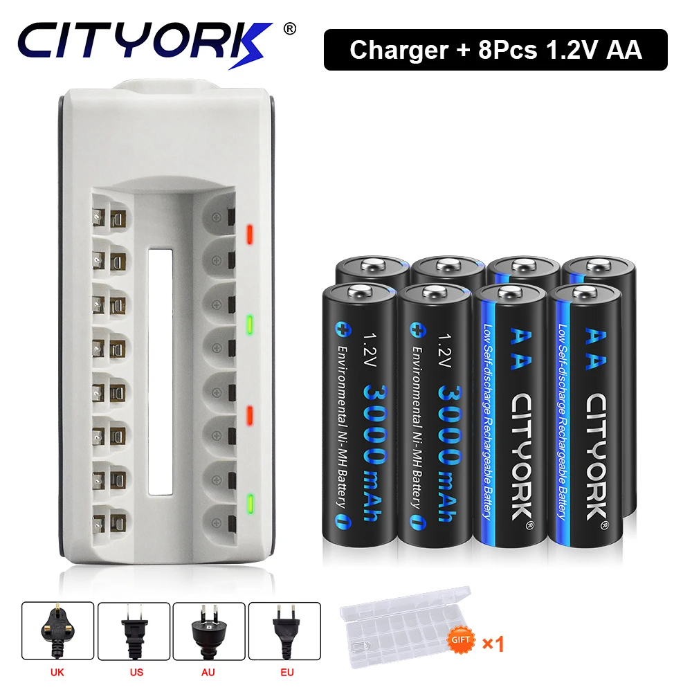 

CITYORK 1.2V AA Rechargeable Battery NI-MH 2A Batteries Bateria 3000mAh Rechargeable For Led Flashlight Toy Car+8 slots Charger