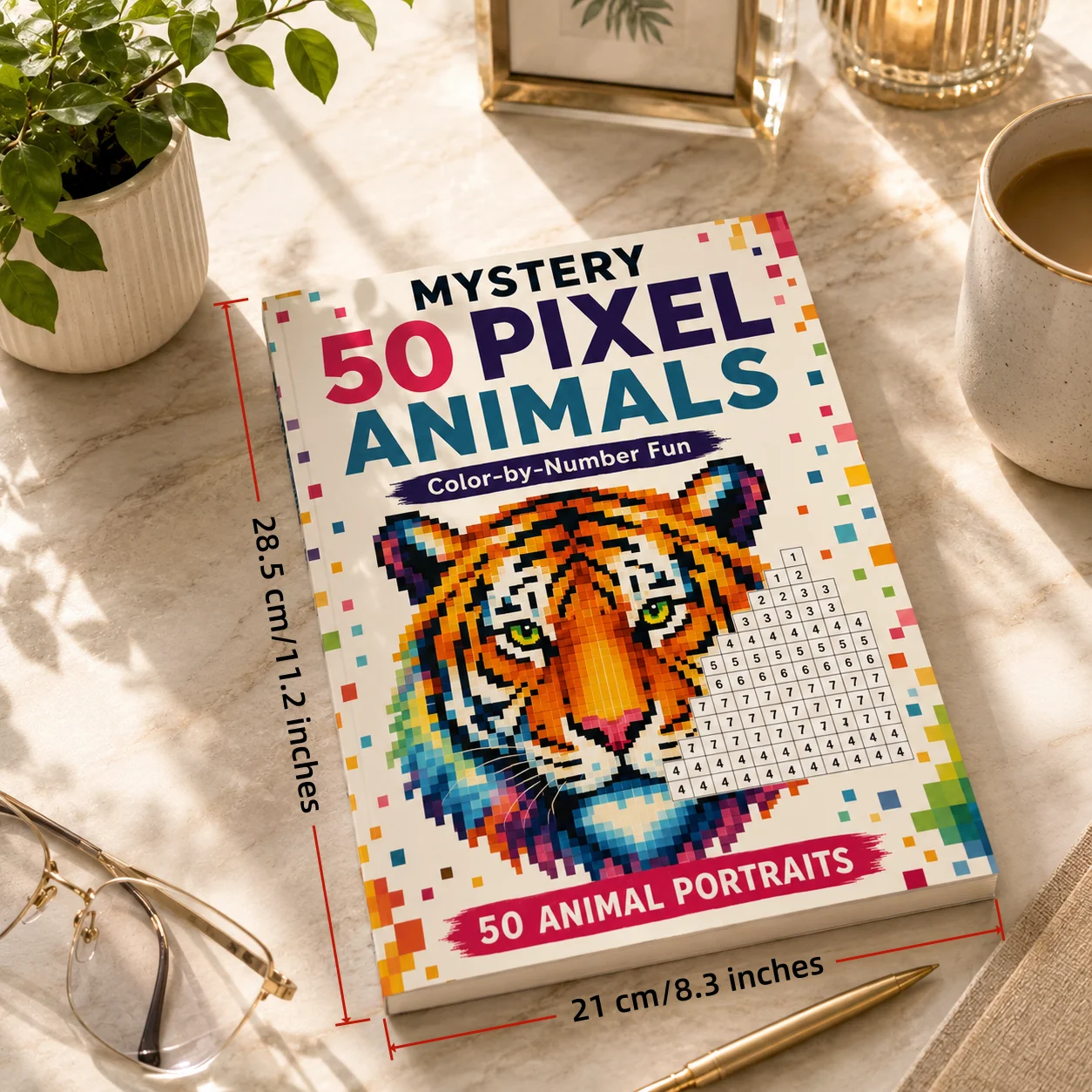 50 Mystery Pixel Animals Color by Number Book, 104 Pages, A4, Heavyweight Paper, Full-Color Mosaic, Halloween & Christmas Gift