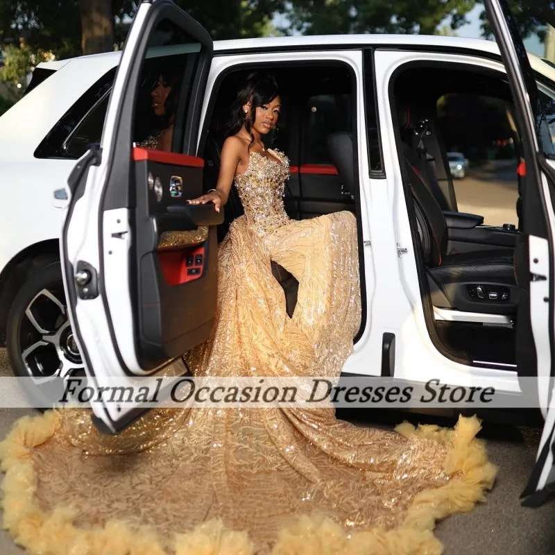 Luxurious Black Girls Prom Dresses With Detachable Train Sequin Crystal Party Gowns Satin Evening Dress Sweetheart Customized image 4
