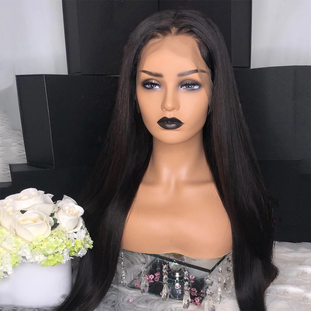 Top Quality 100% Virgin Brazilian Hair Straight Wig Raw Brazilian HD Lace Frontal Wig #1B 13x6 Large Deep Parting 400% Density