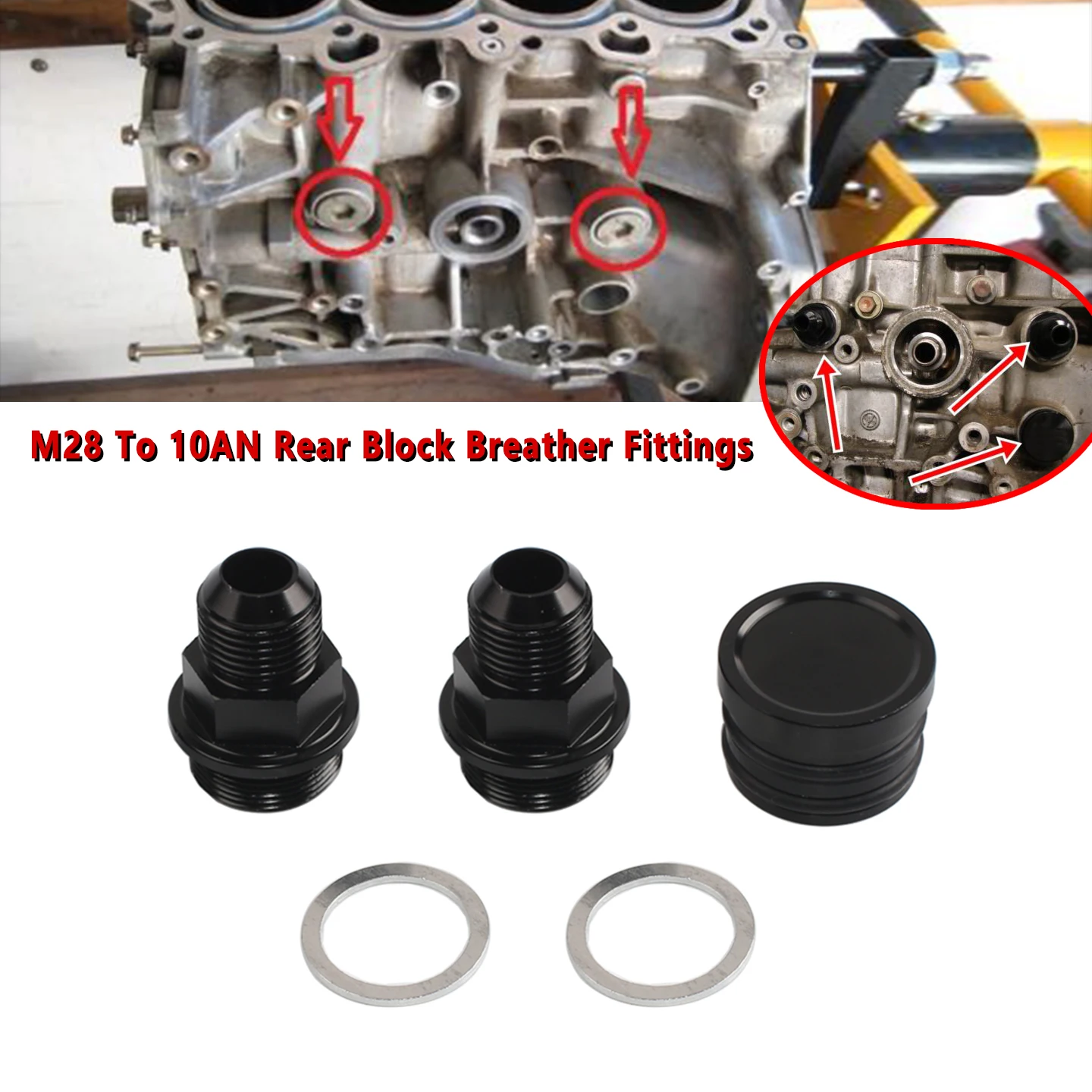 M28 To 10AN Rear Block Breather Fittings And Plug Black For Honda Acura B16 B18C Catch Can
