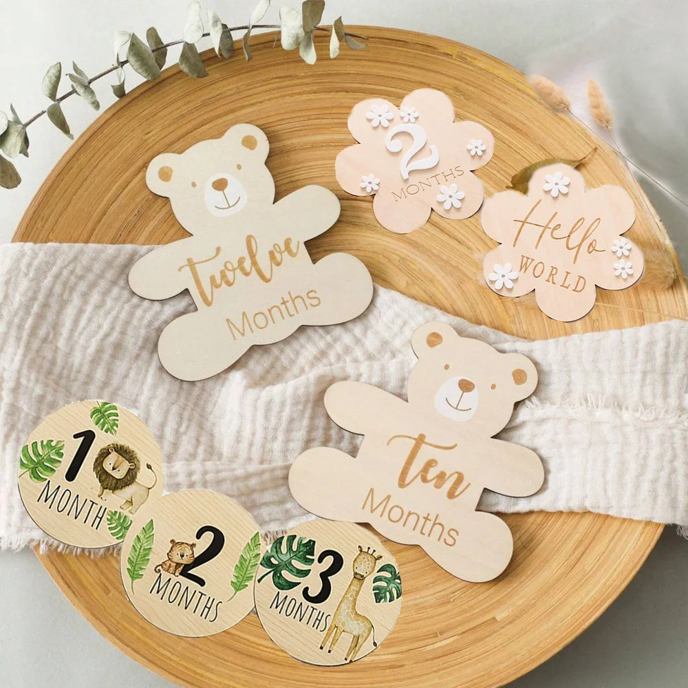 Newborn Baby Wooden Monthly Milestone,Flower and Bear Shaped Wooden Plaque,Perfect For Birthday Photography Props,Birthday Gift