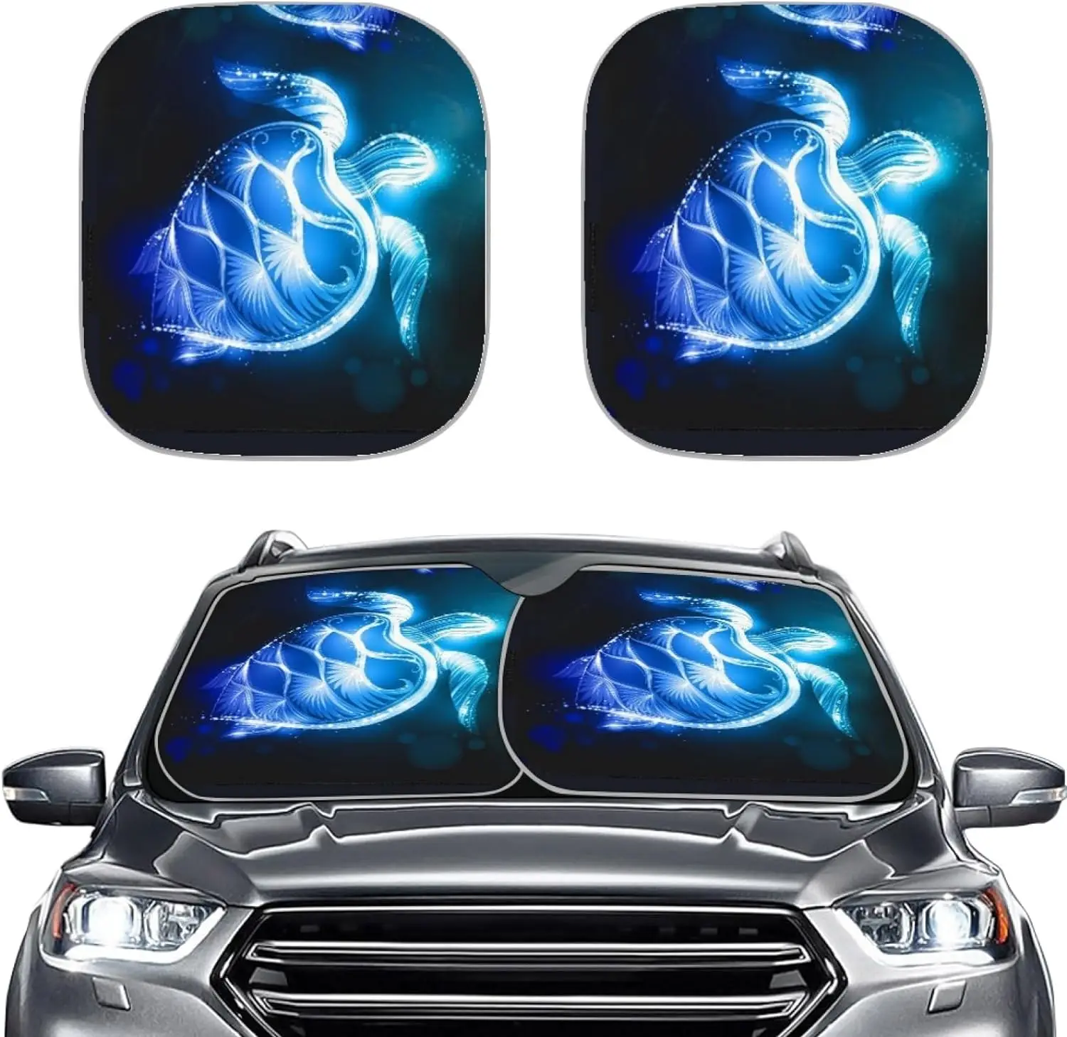 

Blue Neon Turtle Print Windshield Sun Shade 2-Piece Foldable Car Front Window Sunshades Sun Visor Protector Blocks Sunlight