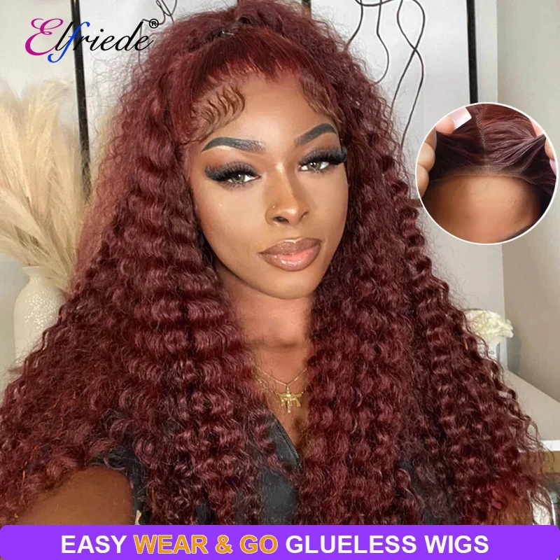 

Elfriede #33 Reddish Brown Deep Wave Glueless Wigs Human Hair Ready to Wear 4X4 Lace Closure Curly Human Hair Wigs for Women