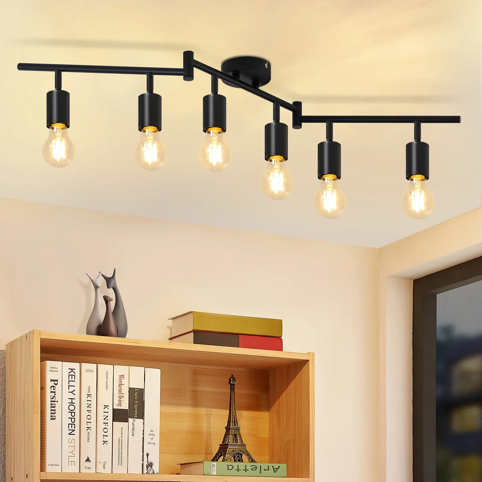 6-Flammige Deckenleuchte E27 Schwarz Deckenstrahler 350° Drehbar 90° Schwenkbar Industrie Retro Wandleuchte Metall Spotlampe Max 25W Ohne Leuchtmittel für Küche Wohnzimmer Flur Schlafzimmer Esszimmer
