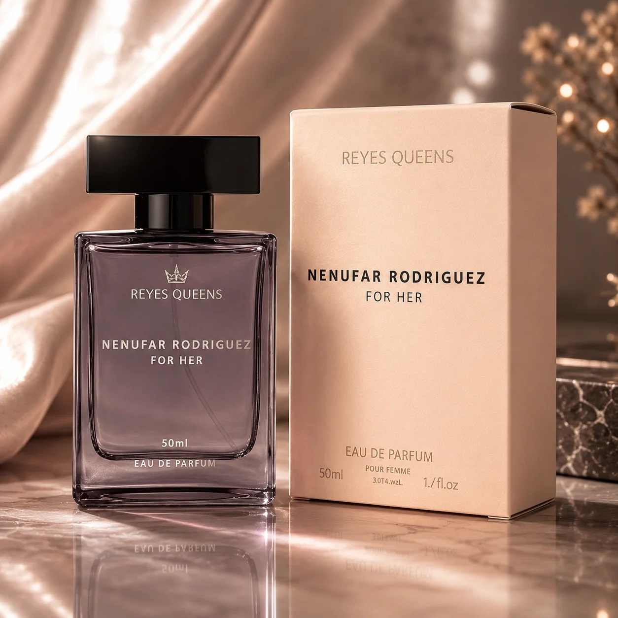 Reyes Queens - Nenufar Rodriguez, parfum pour elle, 50 ml. Parfum féminin aux notes florales et poudrées, associé à des accords doux et musqués et à une base chaude et élégante.