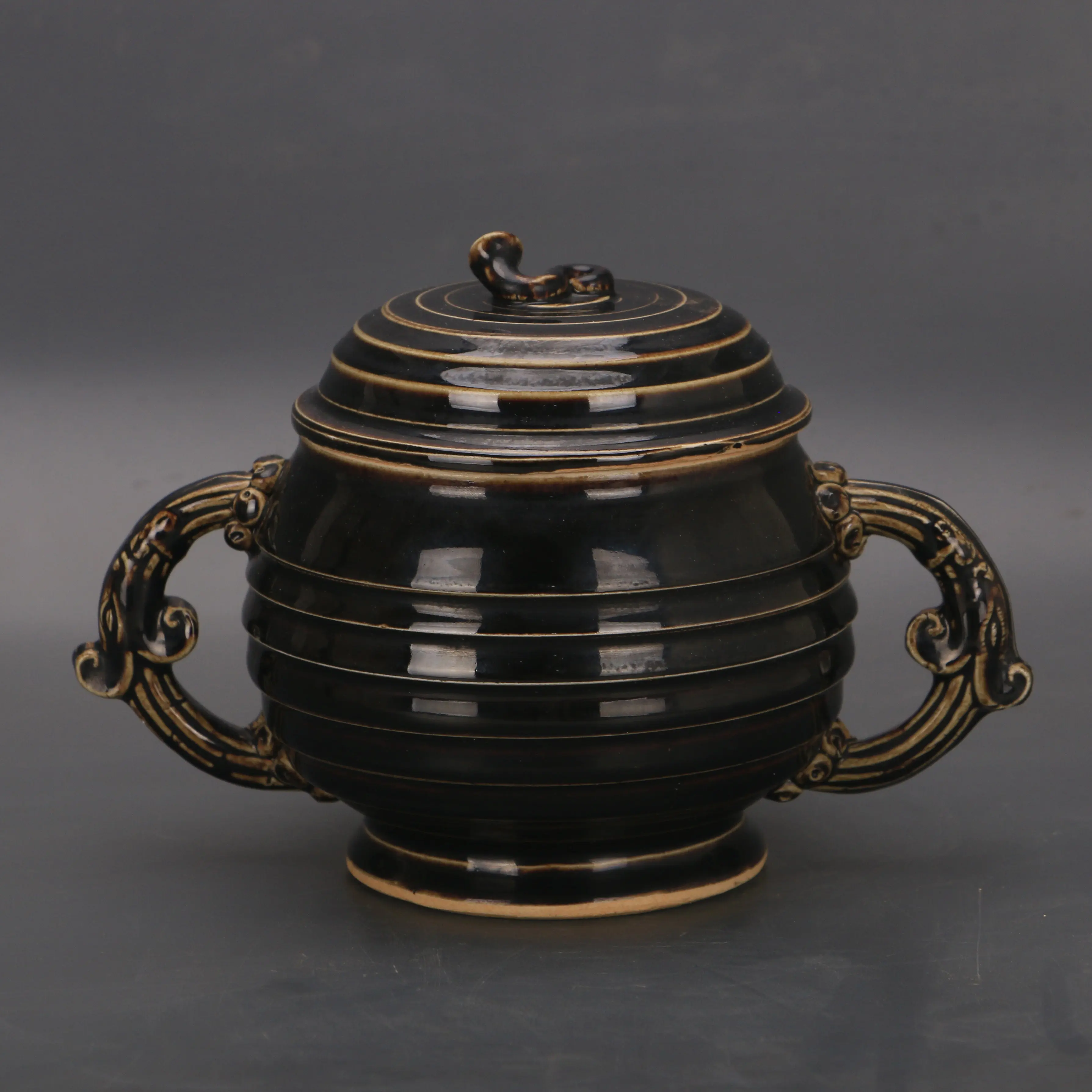 Song Dynasty Style Black Ding Ware Ruyi Spiral Pattern Lidded Jar Handmade Ceramic Home Decor Collectible