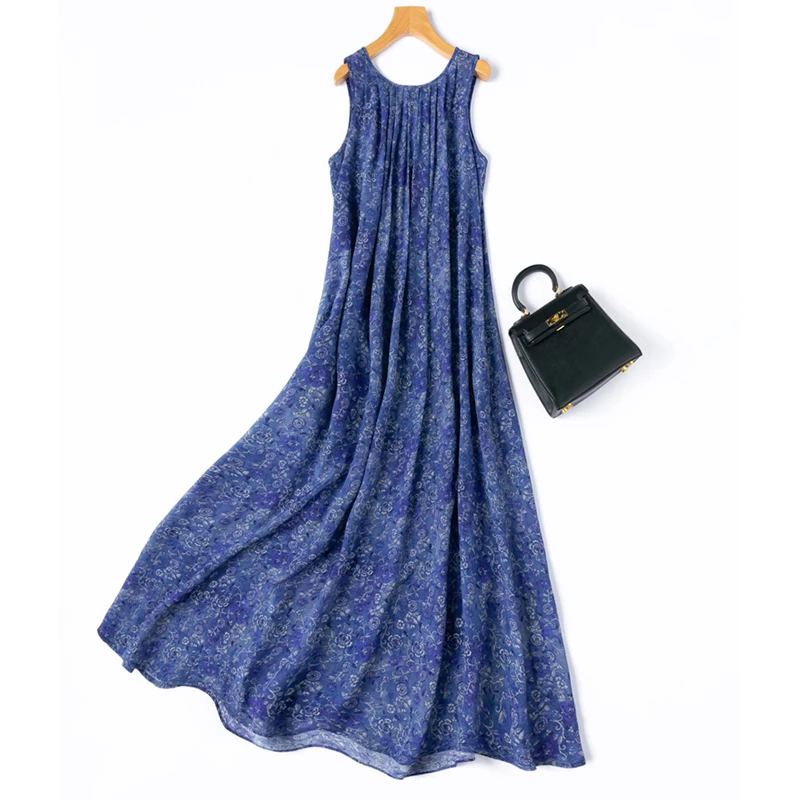 

Women Silk Tank Dress 100% Mulberry Silk Crepe Silk Blue Floral Printed Big Hem Sleeveless A-Line Midi Dress Office Lady M1311