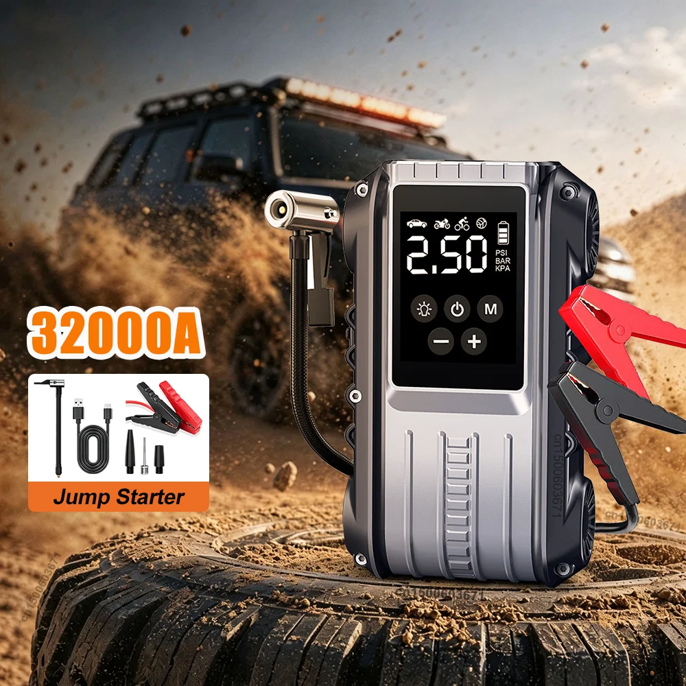 Tragbarer 12V Auto-Starthilfegerät mit Luftkompressor, Autobatterie-Booster, Powerbank, leistungsstarker Reifenfüller, Luftpumpe, 8000mAh, 3200A, Auto-Startgerät mit LED-Licht und digitaler Anzeige.