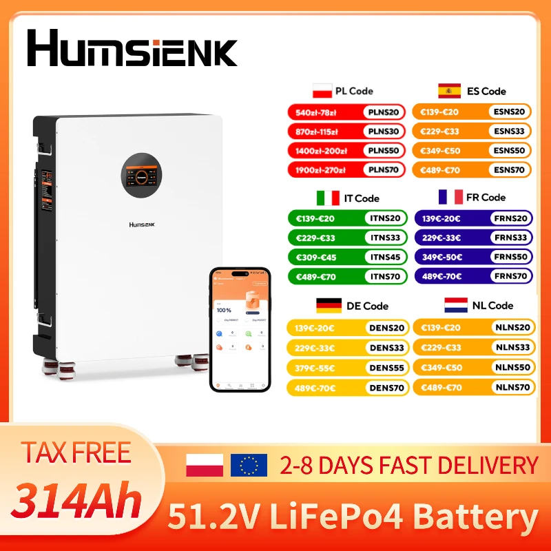 Image of Humsienk 48V 314Ah LiFePO4 Batterie Wandmontiert 16,08kWh Energiespeicher, Aktiver Balancing 200A BMS, LCD mit Bluetooth, RS485/CAN/RS232 für Netzunabhängige Solaranlagen, Notstromversorgung für