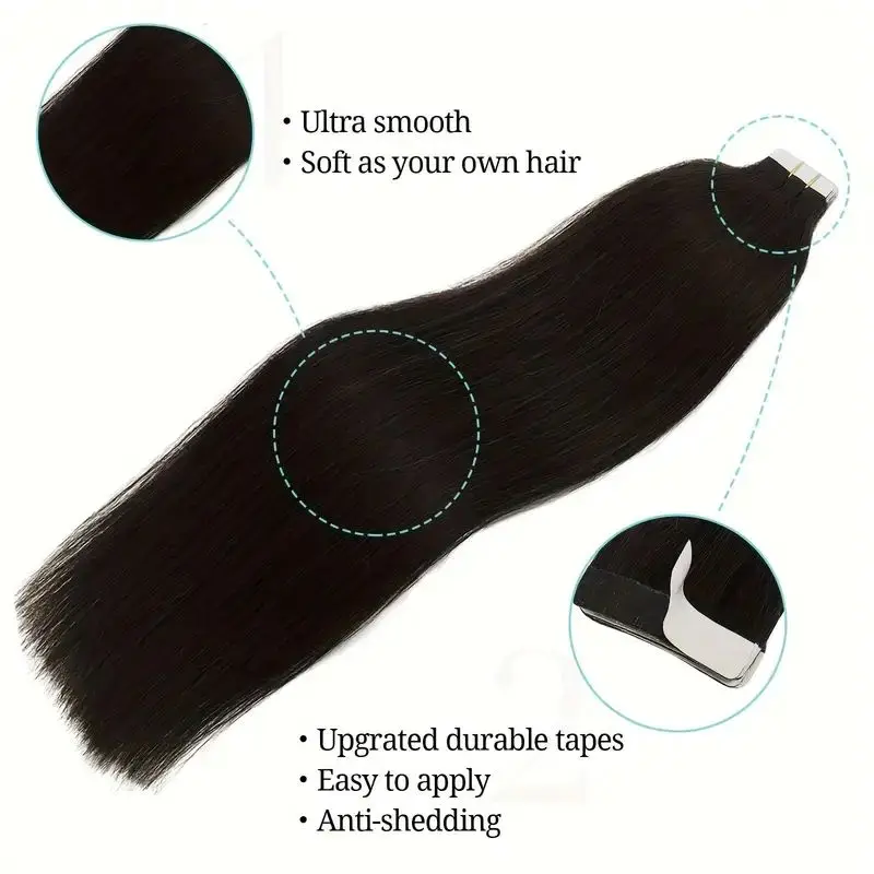 Straight Tape-In Extensões de cabelo humano, extensões de cabelo natural, 1B, 100% Remy Skin Weft, cola adesiva no salão, alta qualidade