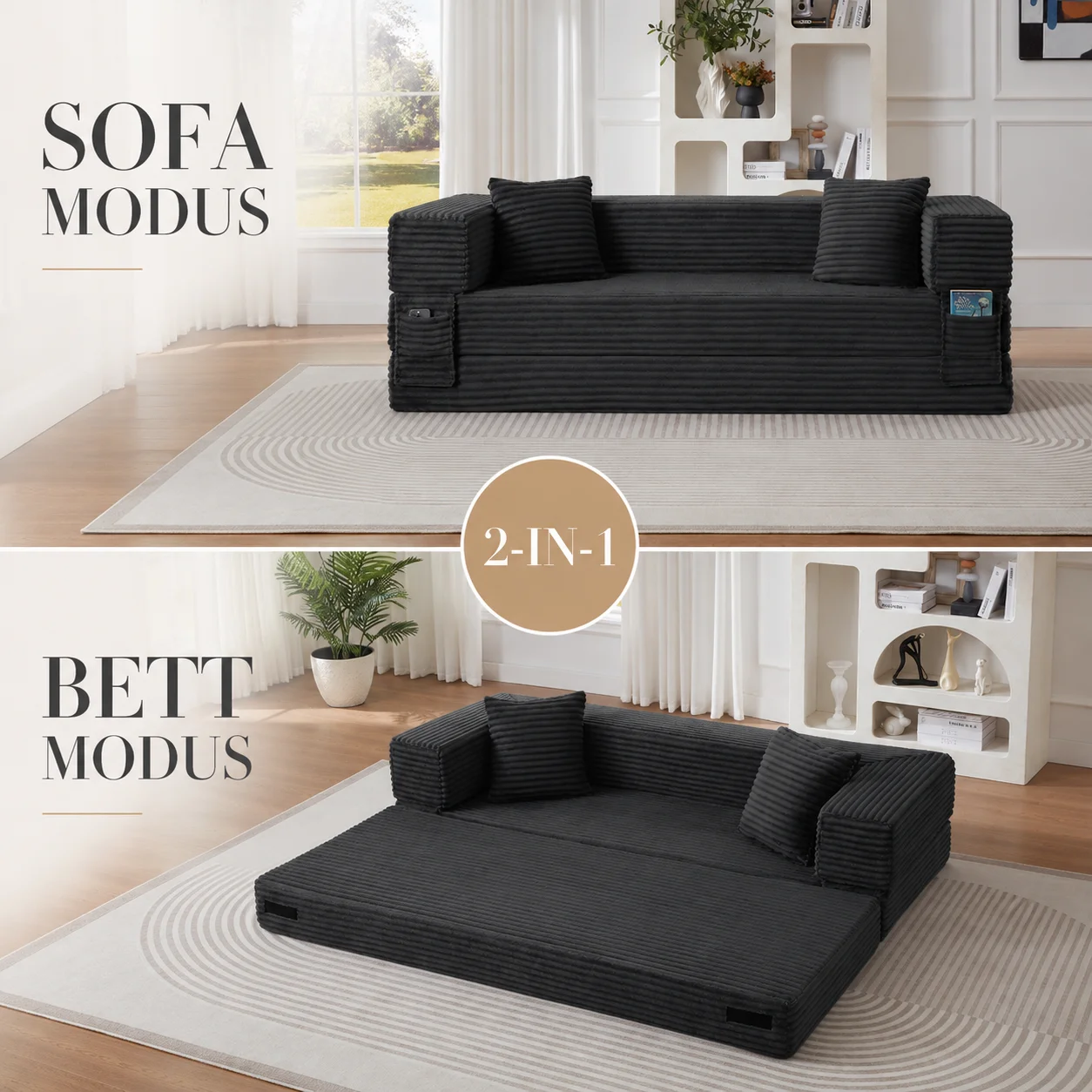 Moderne 3-Sitzer 2-in-1 Cord Sofa mit Bettfunktion zweischichtiges einzigartiges Design hochdichte Schaumstoffpolsterung quadratisches Sofa zum Ausziehen für Apartments und große Räume Dunkelgrau