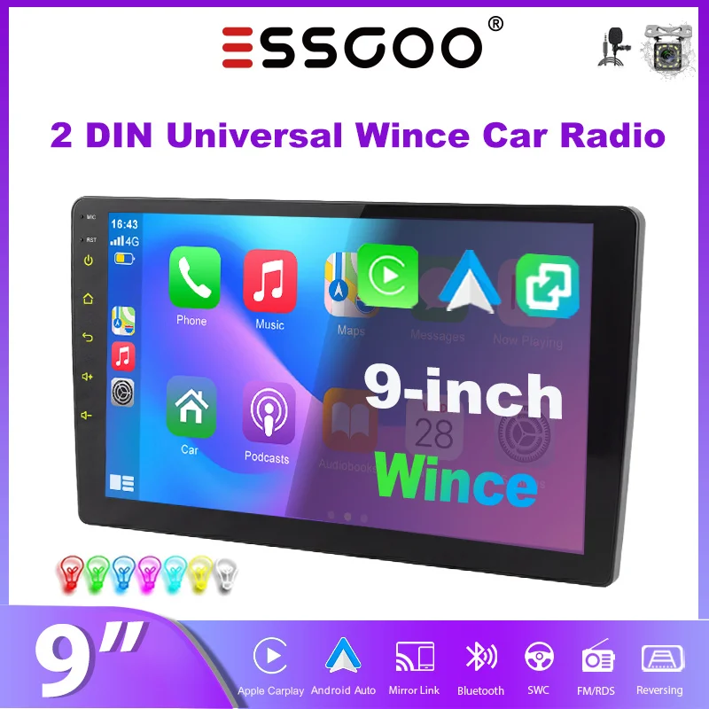 ESSGOO 9-Zoll Wince IPS Touchscreen Autoradio mit Wireless Carplay, Android Auto, AM/FM/RDS, USB, AUX, SWC, BT, Sieben Farben Beleuchtung und Mirror Link