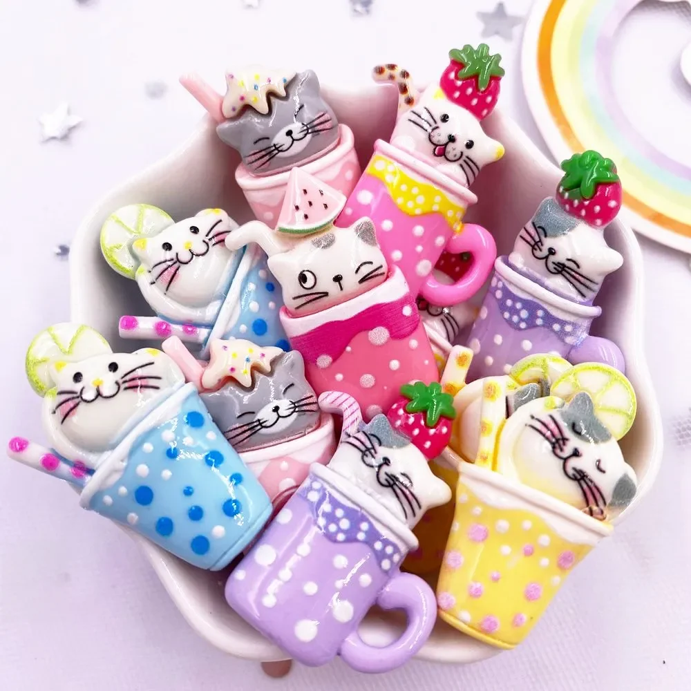 Résine Kawaii coloré dessin animé chat fruits tasse boisson Flatback pierre bricolage Figurine 10 pièces Scrapbook décor à la maison artisanat accessoires OM268