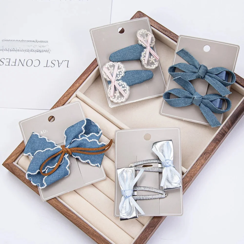 2 sztuk/zestaw biała koronkowa kokardka dziewczynek spinki do włosów Vintage Denim Sanp spinki do włosów kowbojskie spinki do włosów Mini kokardki Korea BB Barrettes — zdjęcie 2