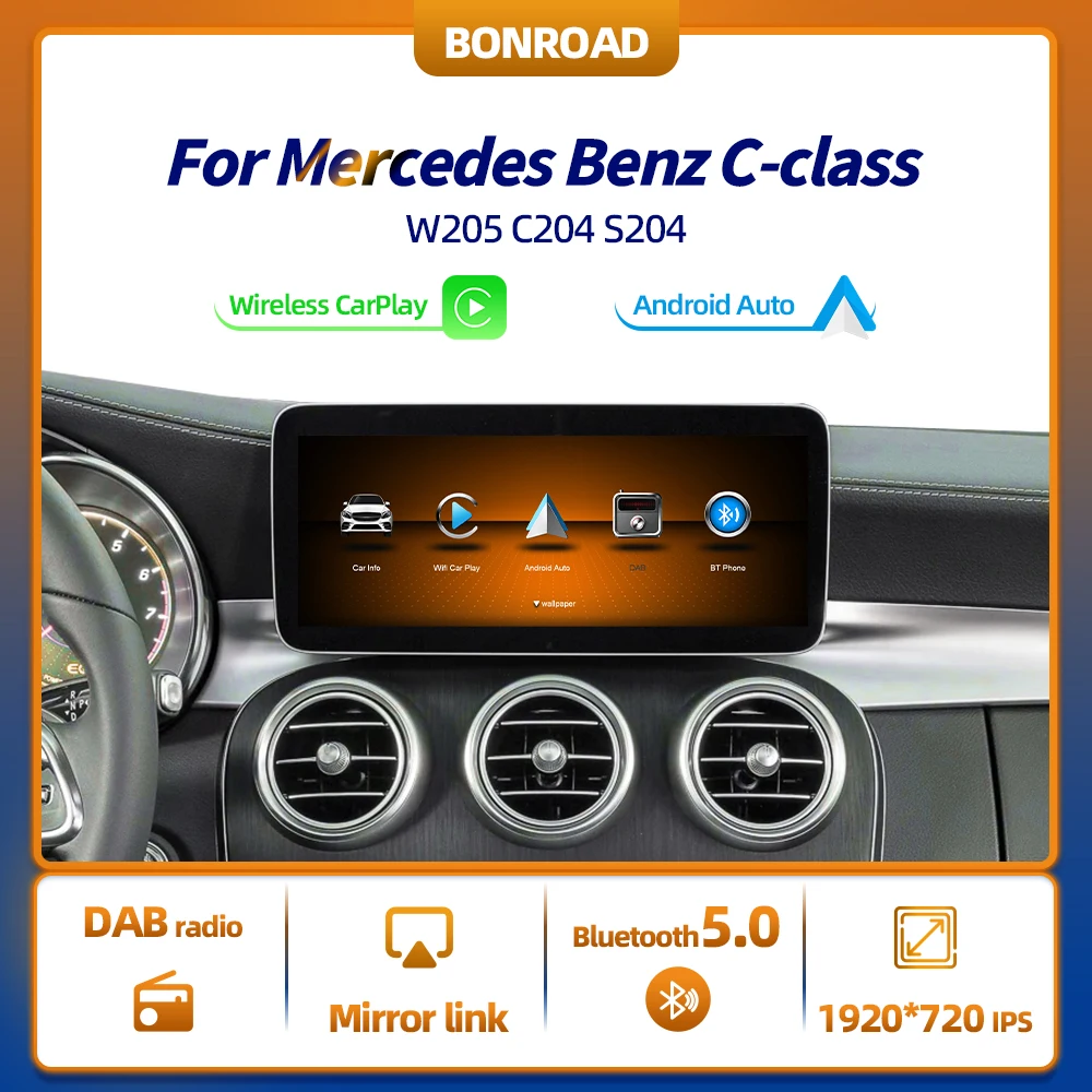 BONROAD 1920*720 Multimedia Display Screen With DAB Radio For Benz C class GLC W205 C204 S204 Wireless Carplay Android Auto