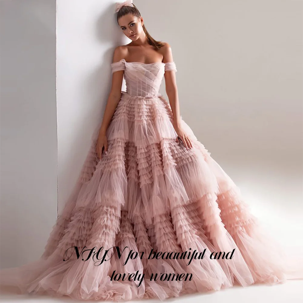 

NFYN Pink Net Formal Dress Tiered Layer Strapless Party Dress For Wedding Off the Shoulder Special Occasion Dresses Customized