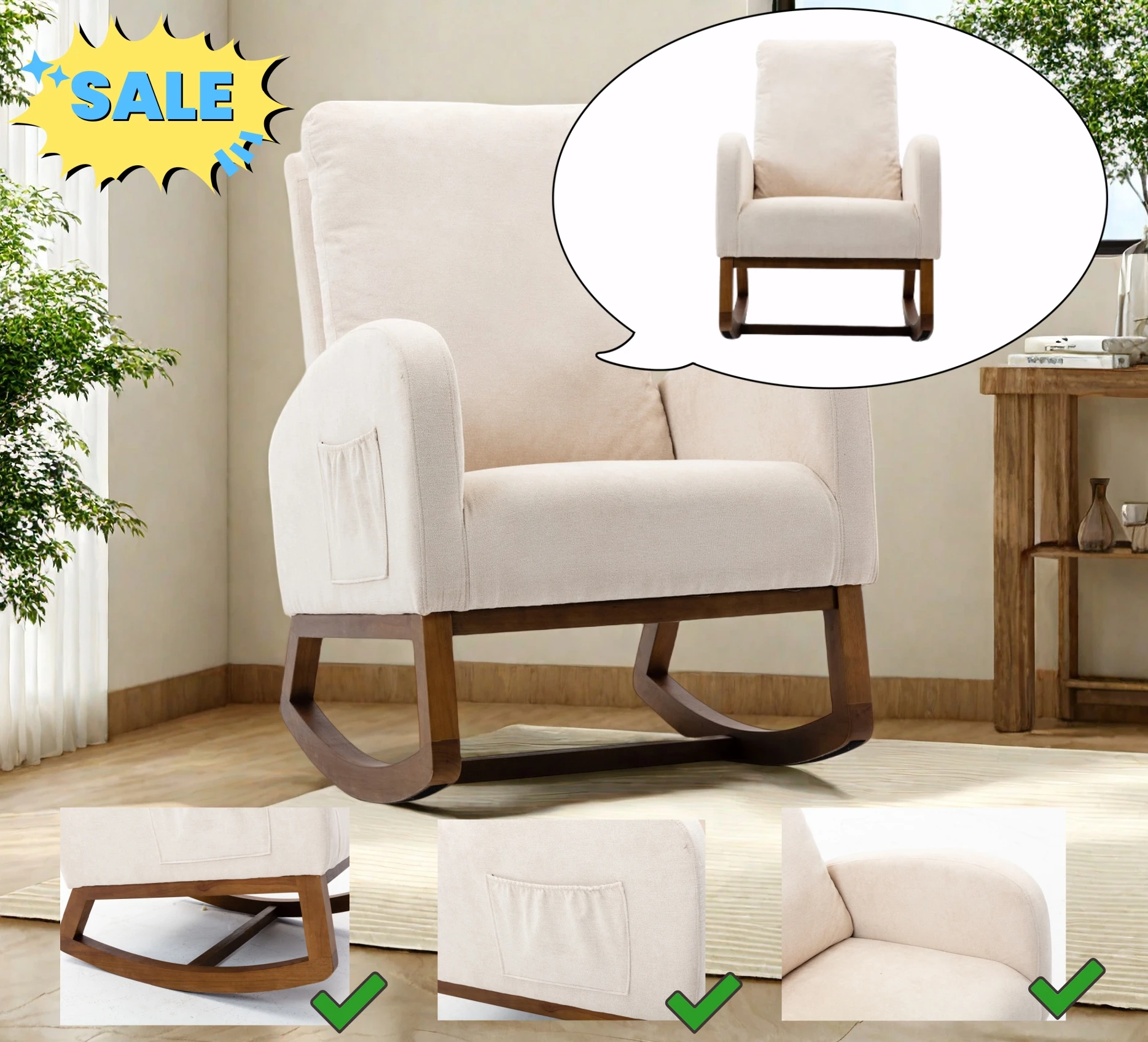 Schaukelstuhl, Frotteestoff mit Arm- und Rückenlehne, gepolsterter Schaukelstuhl, Loungesessel, Wohnzimmersessel, beige