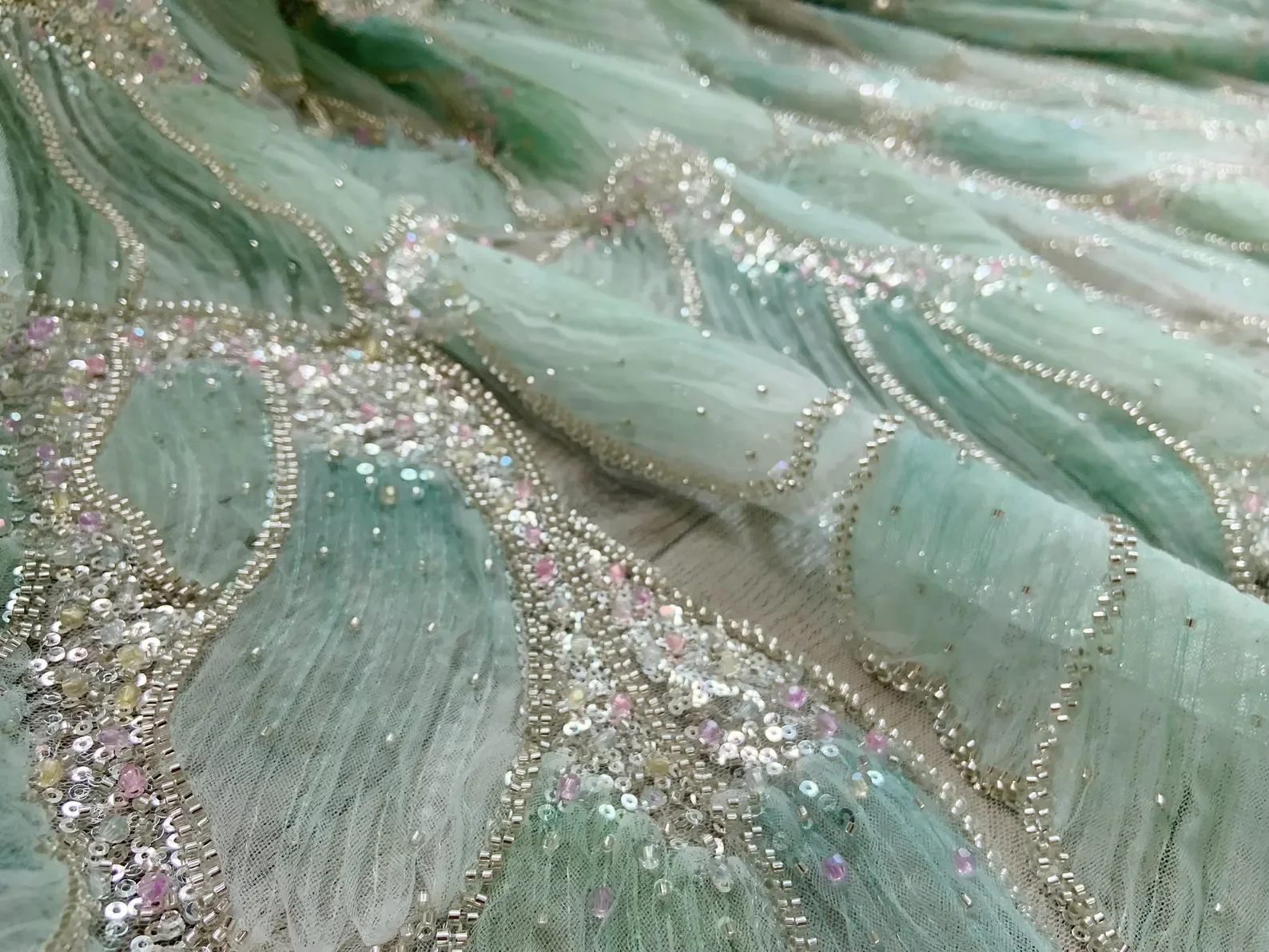 

1 Yard Mint 3D Floral Embroidery Fabric With Sequins And Beadwork For Bridal Dress Lace Tulle Dress Wedding Dress Fabric