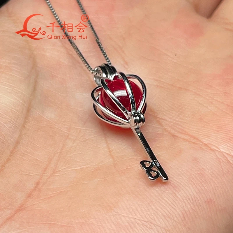 Scepter Key Pendant 10mm S925 Silver Ball Shape with Inclusions Lab-created Pigeon Blood Red Ruby Women's Jewelry Necklace