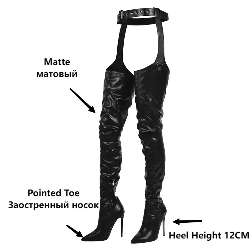 Onlymaker Women Pointed Toe Waist High Boots 12CM Over The Knee Boots Elastic Slim Sexy Stiletto Thigh High Belt Boots