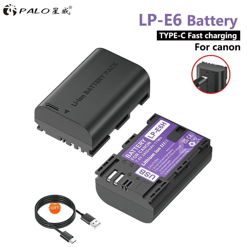 

2400mAh LP E6 LPE6 LP-E6 LP-E6N Battery with USB-C Input for Canon EOS 5DS R 5D Mark II 5D Mark III 6D 60D 7D 70D 80D 90D Camera