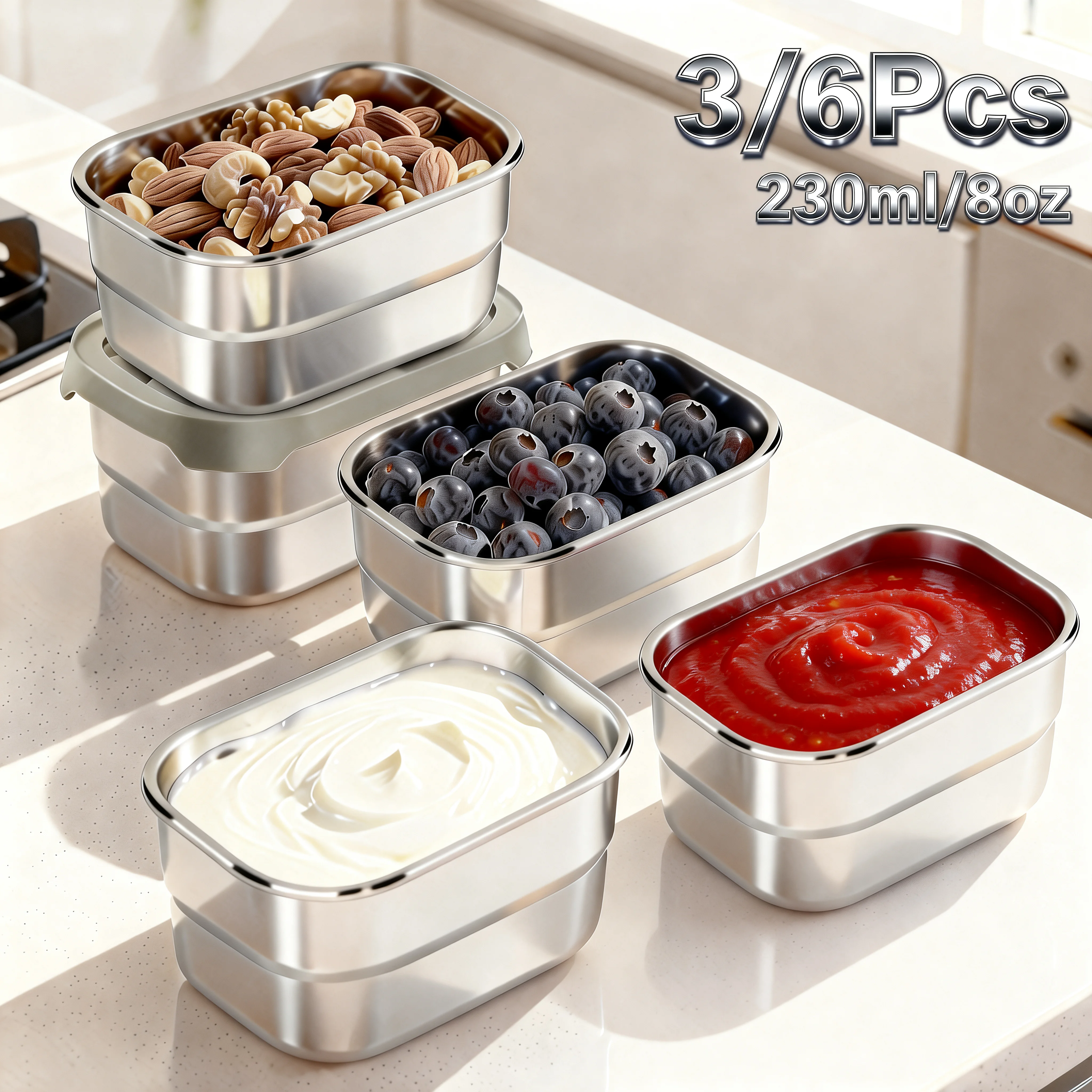6/3 Stück Edelstahl-Snackbox mit Silikondeckel, 8 Unzen, Obstsalat, Lebensmittelbehälter, stapelbar, auslaufsicher, Bento-Box, Lebensmittelaufbewahrungsbox