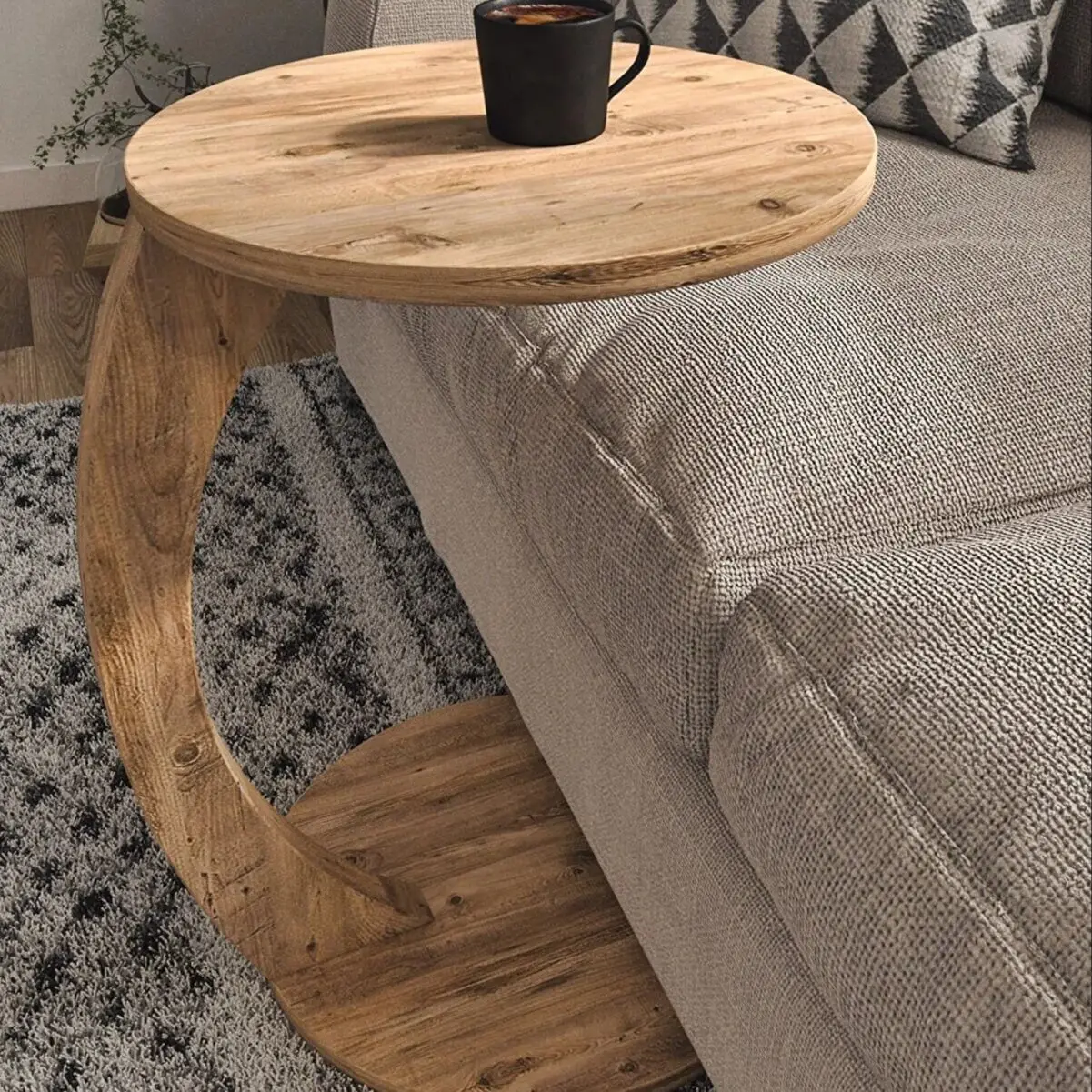 Multifunctional C Shaped Side Table Wooden Nesting Table for Living Room Home Wheelchair Tea Coffee Serving Table Furniture