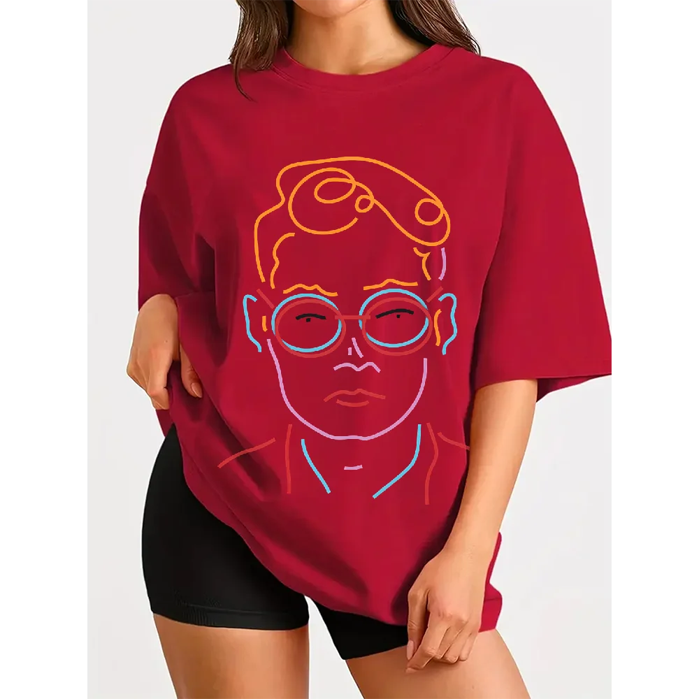 Summer America Style T-Shirt O Neck Short Sleeve Cotton Graphic Tees Y2k Clothes With Colorful Man Face Harajuku Street Wear