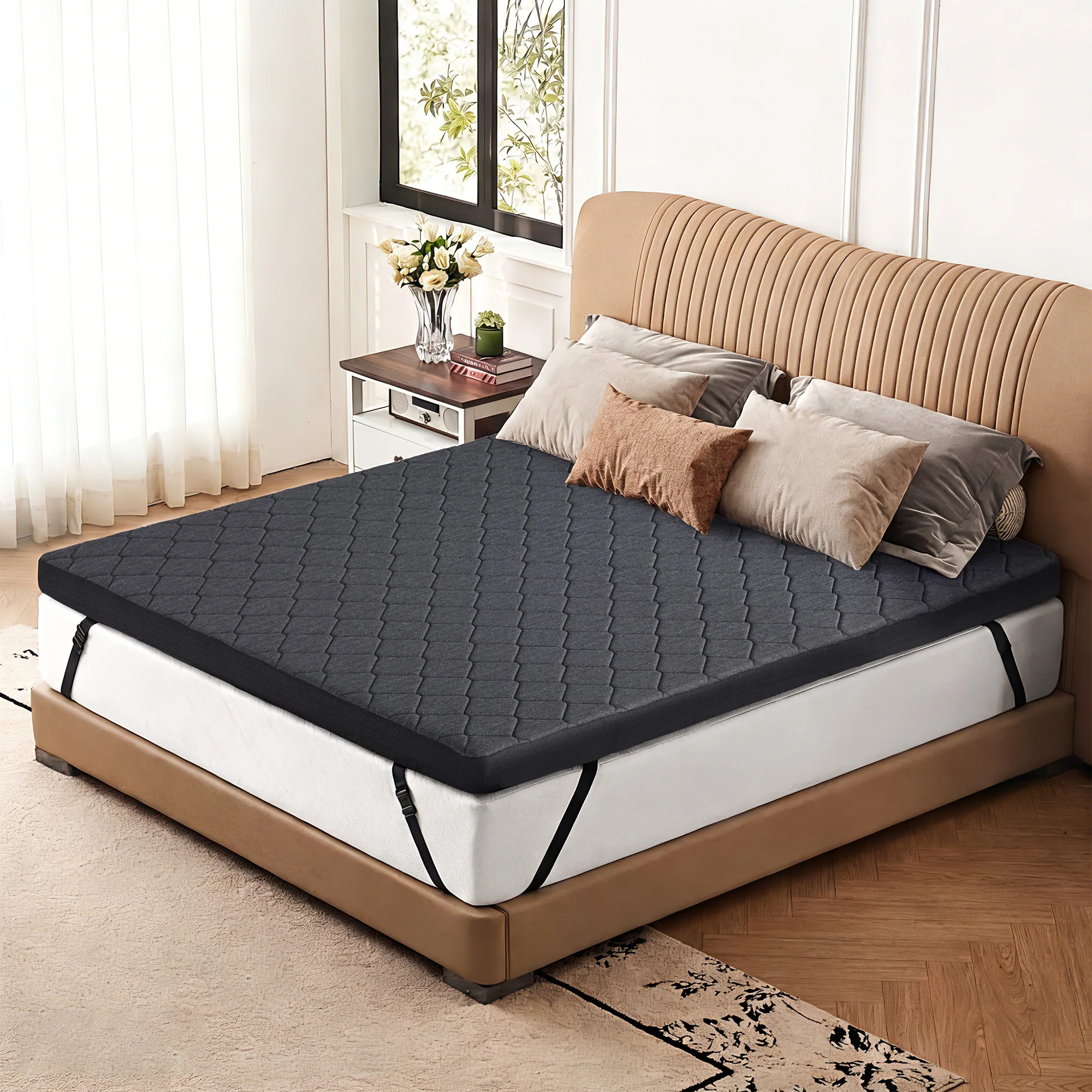 Extra Firm 3 Inch Mattress Topper, Bamboo Charcoal Gel Cooling Memory Foam, High Density, Back Pain Relief, Non Slip, CertiPUR-US Certified