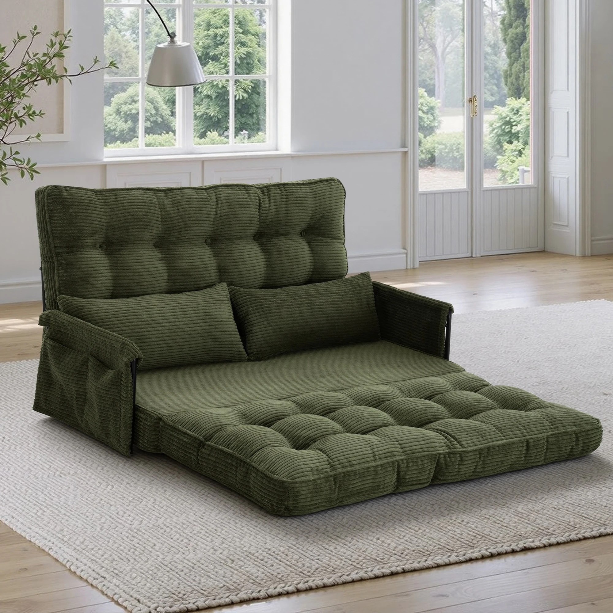 Space‑Saving Foldable Floor Sofa Bed, Double Size 5‑Position Adjustable Corduroy Lounge Sofa with Side Storage Pocket for Small Space Dorm Balcony