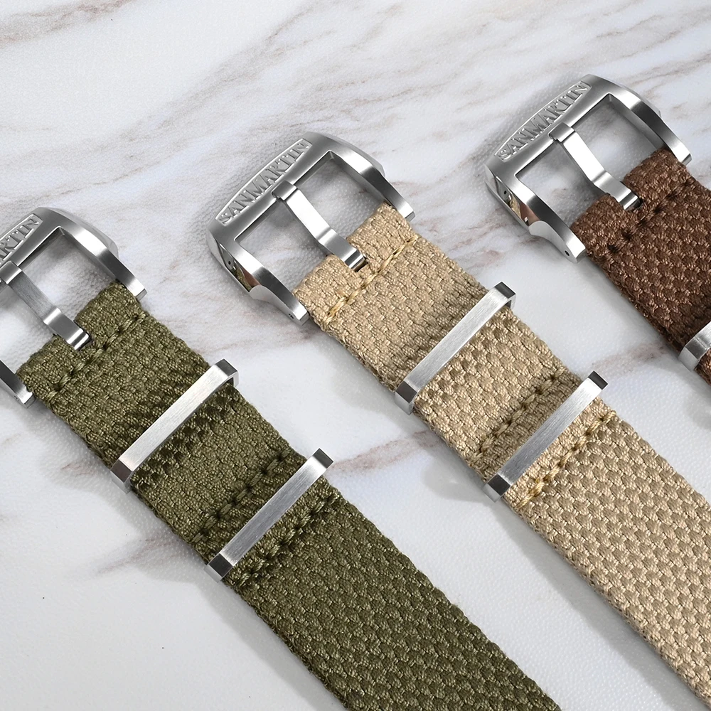 San Martin Braided Linen Watch Strap 22mm 20mm Paratrooper Watchband Fabric Watch Band Buckle Belt Breathable BD0012