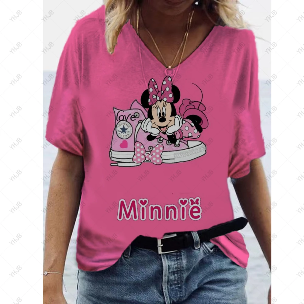 2022 New Casual T Shirt Verão T Shirt Moda Streetwear 3D Disney Minnie Mickey Imprimir Senhoras Soltas V Pescoço Camisa de Manga Curta