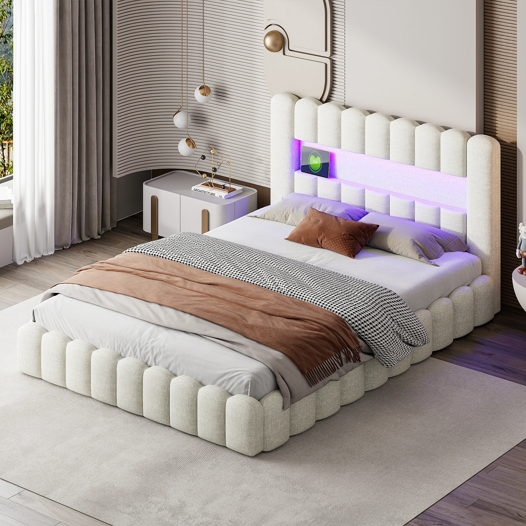 Fotografia 7: Cama estofada, colchão embutido, cama de casal com encosto macio, cabeceira com porta LED e USB, sem colchão