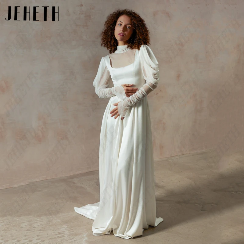 JEHETH Lantern Sleeves High Neck Wedding Dress For Women A-Line Satin Bridal Gowns Vintage Illusion Vestidos De Novia Customize