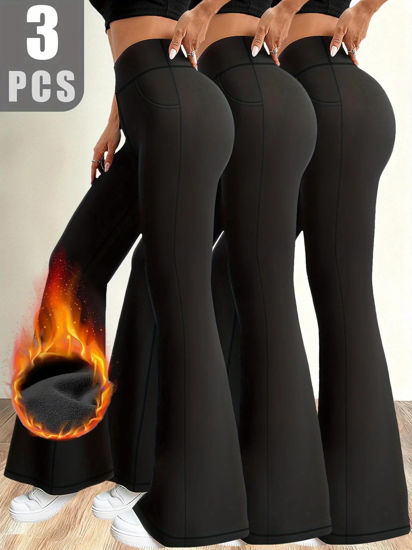 

3-Pieces Women's Black Wide-Leg Fleece-Lined Pants Warm Comfort flare Trousers for Autumn Winter Sports & Daily Leisure