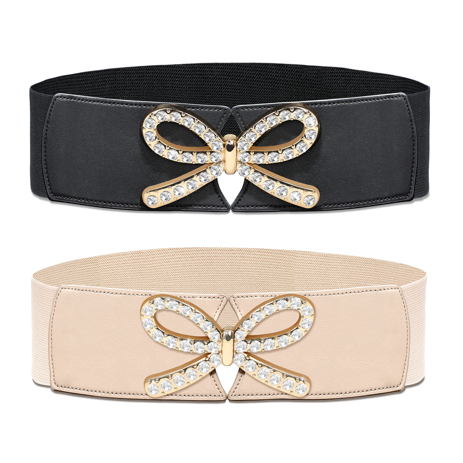 เข็มขัดยางยืดแบบกว้างสำหรับผู้หญิง 2 เส้น พร้อมโบว์ประดับคริสตัลและหัวเข็มขัดโลหะผสม สำหรับชุดเดรส จั๊มสูท และเสื้อโค้ท