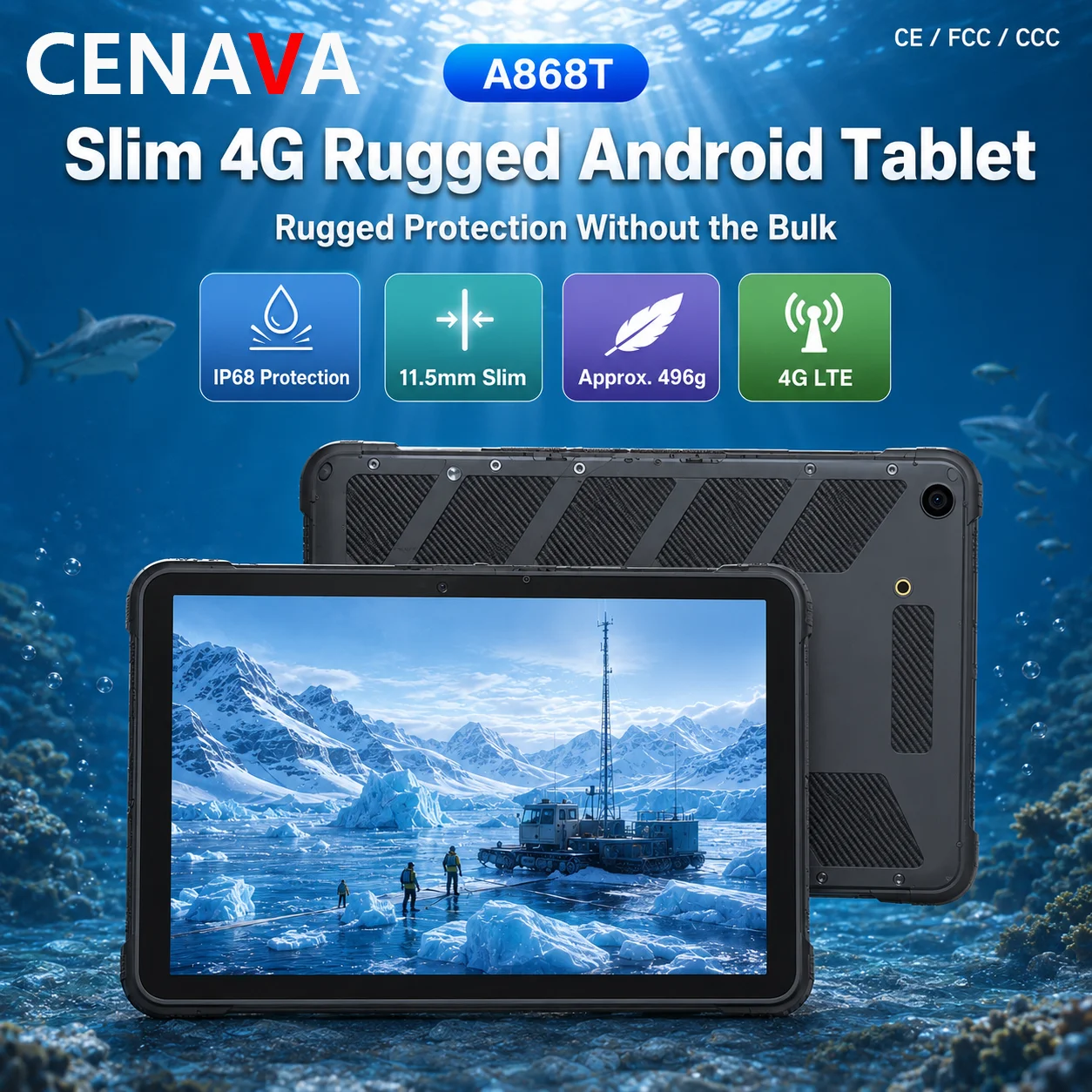 CENAVA A868T 8.68'' IP68 Ultra Thin tablet Rugged Android Tablet 4G LTE 5800mAh Android 13 NFC ILightweight inspections Tablet