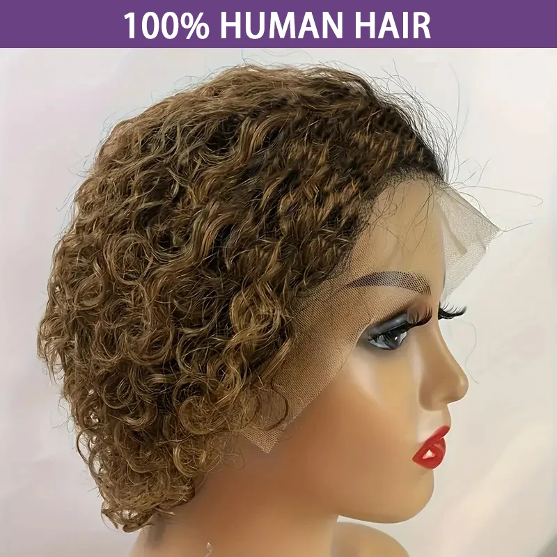 4/27 Highlight Ombre Blonde Pixie Short Curly Bob Wigs 13x4 Transparent Lace Front Bob Wig Pixie Cut Wig Short Deep Curly Bob