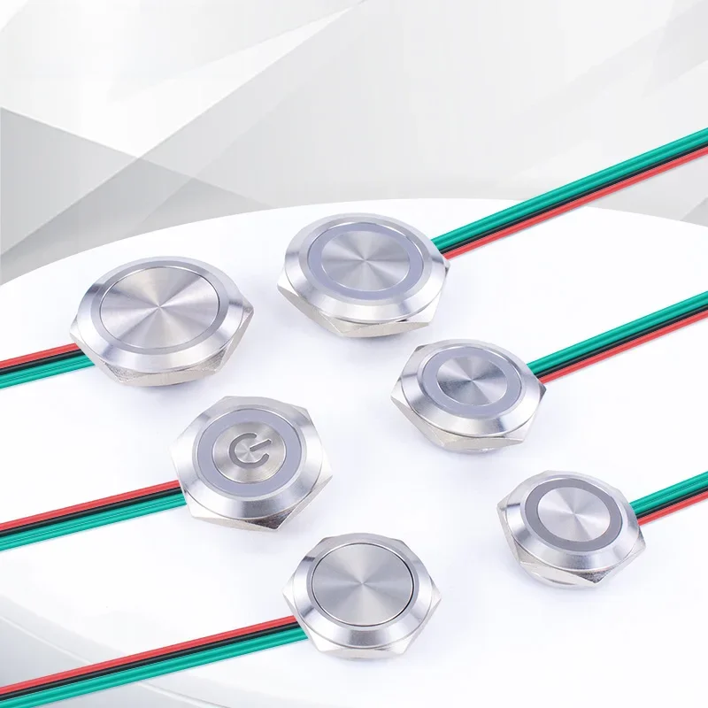 Interrupteur à bouton-poussoir métallique étanche, 16/19/22/25/30mm, avec fils, course courte, 1NO, auto-réinitialisation momentanée, lumière Led 12-24V/220V