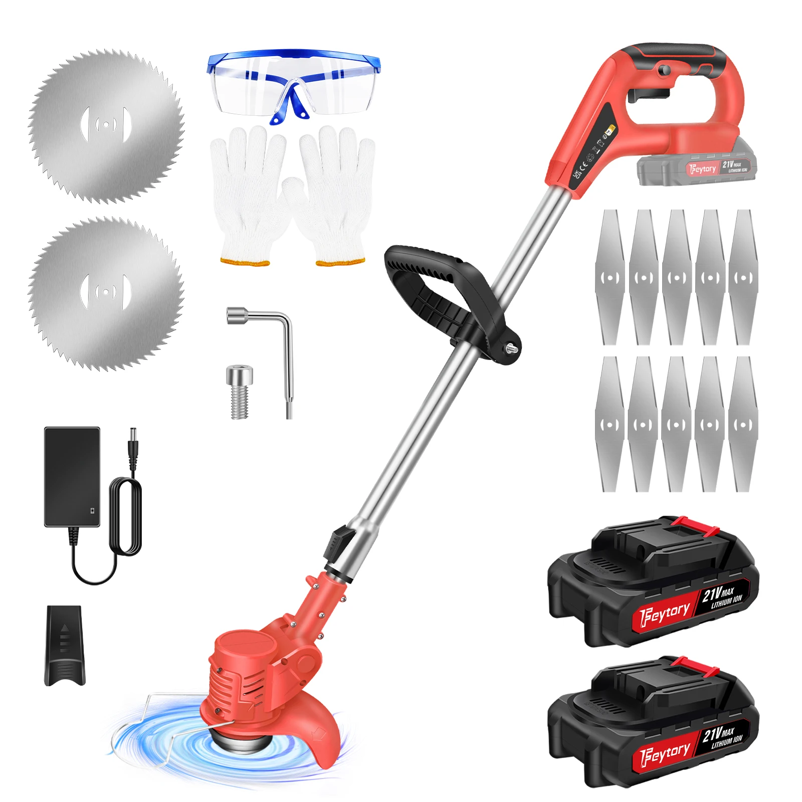 21V Schnurloser Grasstrimmer, Elektrischer Strimmer mit 1,5Ah Akku & Ladegerät, Metallblatt-Unkrautwacker, Teleskopspole 91-127cm, 90° Drehkopf