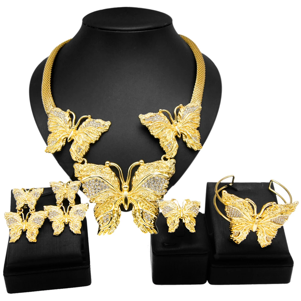 Dubai Gold Plated Ladies Necklace Jewelry Set Big Butterfly Pendant Stone Wings Classic Style Fashion Atmosphere Daily Wear Gift