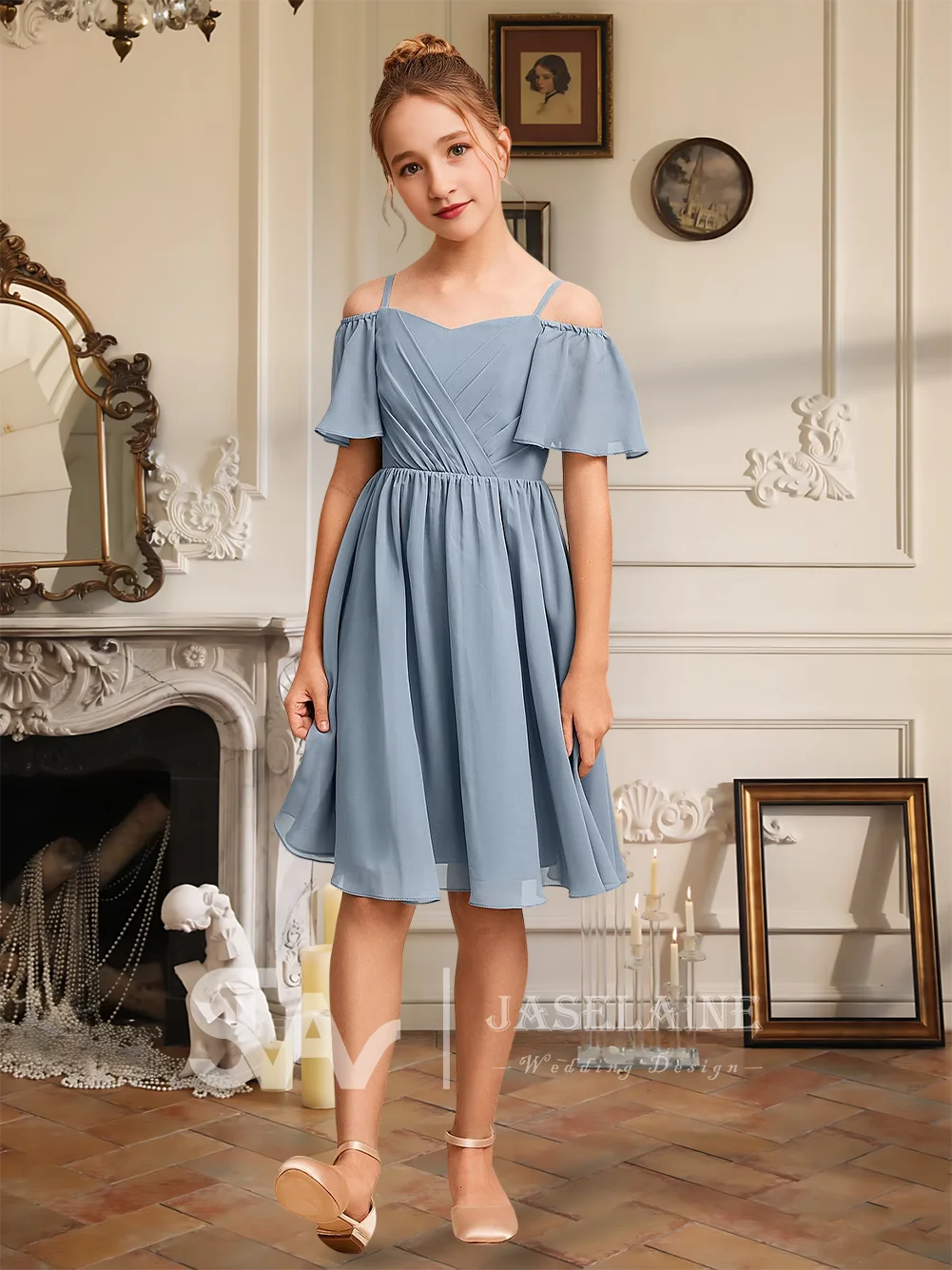

A Elegant A-Line Cold Shoulder Knee-Length Chiffon Junior Bridesmaid Dress Flower Girl Dress Girls Party Wedding Formal Special