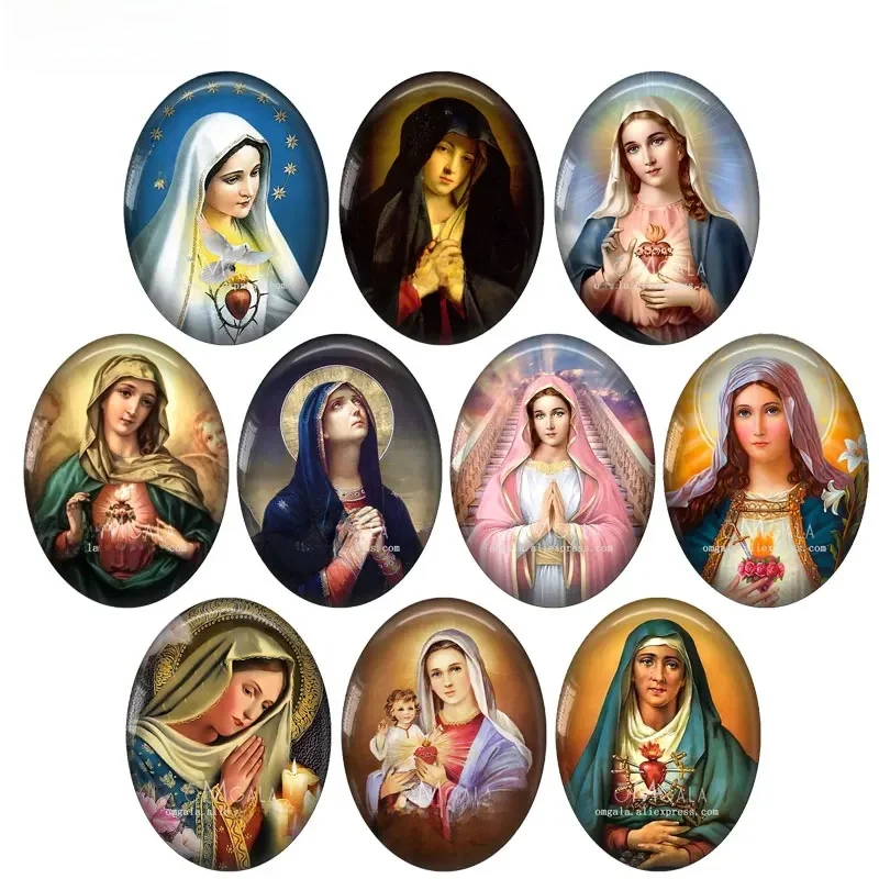 Cabochon Ovale en Verre à Dos pio, 10 Pièces, Motifs Rétro Vierge Marie et Bébé Jésus, 13x18mm/18x25mm/30x40mm