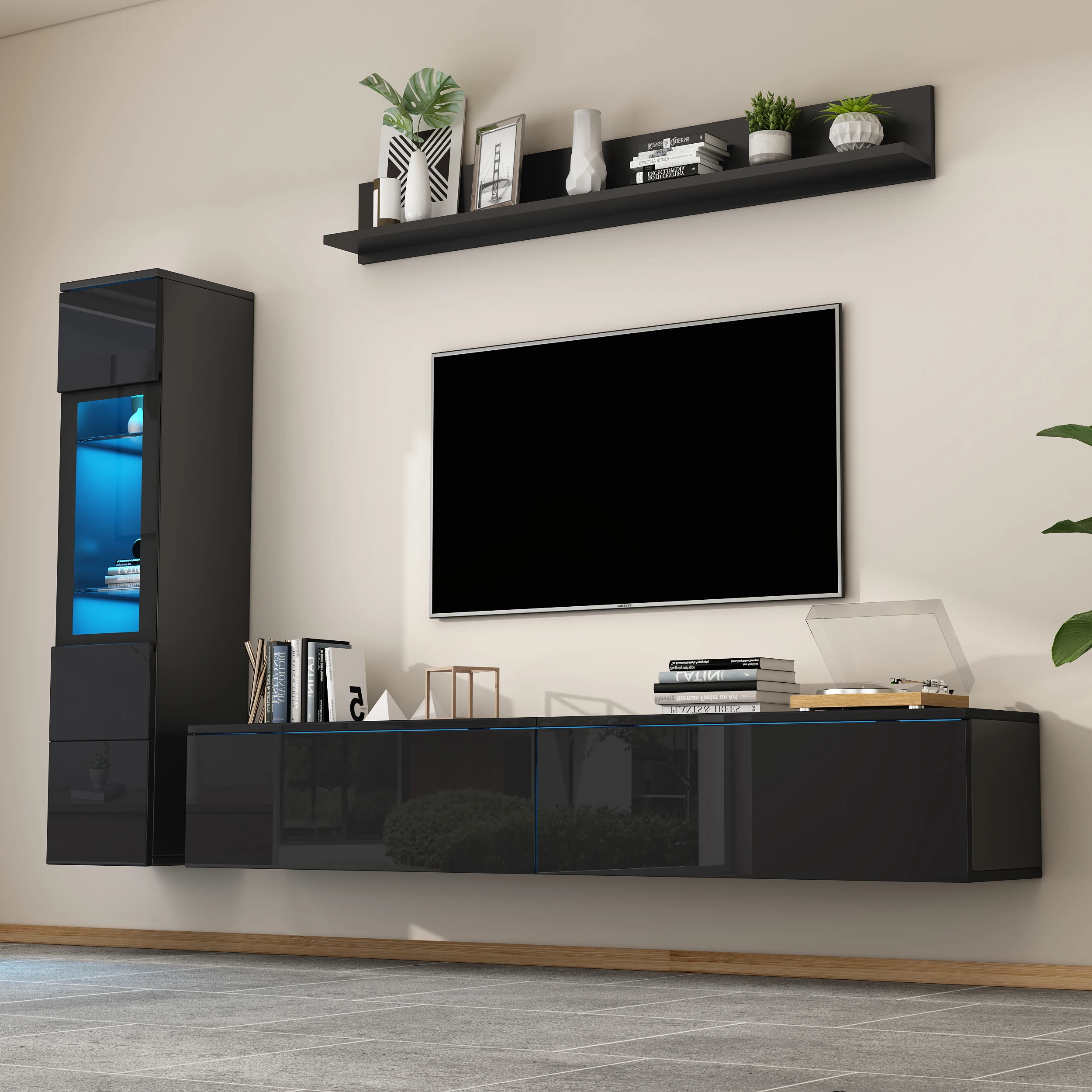 Ensemble de meubles TV 3 pièces, noir brillant avec LED, 1×meuble TV, 1×vitrine, 1×étagère murale, pour téléviseurs jusqu'à 80 pouces