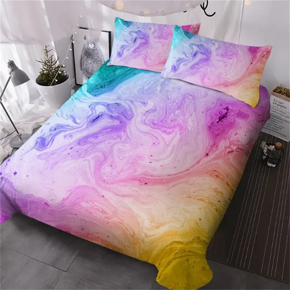 3 Pieces Pink Blue And Purple Quicksand Duvet Cover Set Colorful Marble Bedding Set Abstract Art Bed Set Bright Girl Bedspread