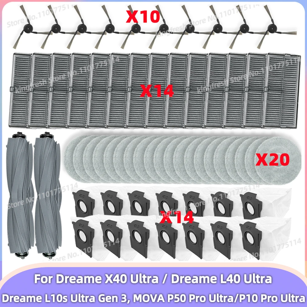 Compatible con ( Dreame X40 Ultra / L40 Ultra, MOVA P50 Pro Ultra / MOVA P50 Ultra / P10 Pro Ultra ) Piezas de Aspiradora Rodillo Principal Cepillo Lateral Filtro Paño de Limpieza Bolsa de Polvo Accesorios